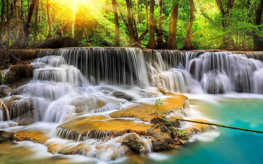 Cachoeira Erawan, Tailândia, Tailândia, Paraíso, Floresta, Cascata, Parque Nacional papel de parede HD