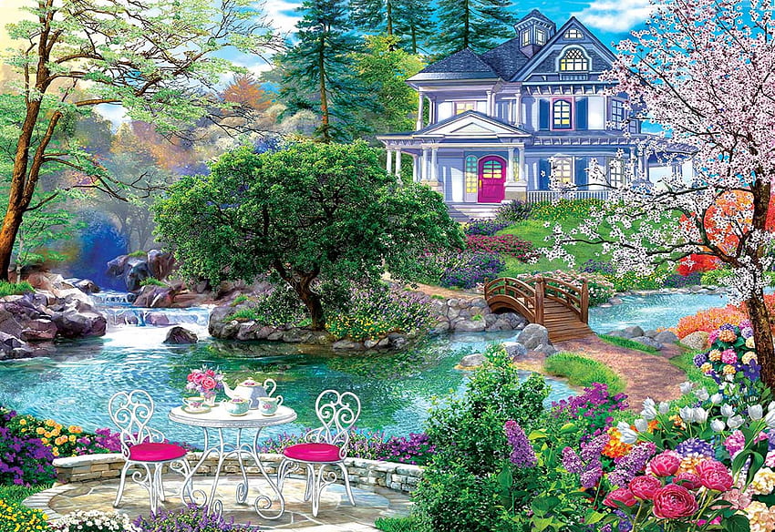 Waterside Tea, artwork, river, table, chairs, bridge, trees, cottage, flowers, painting HD wallpaper