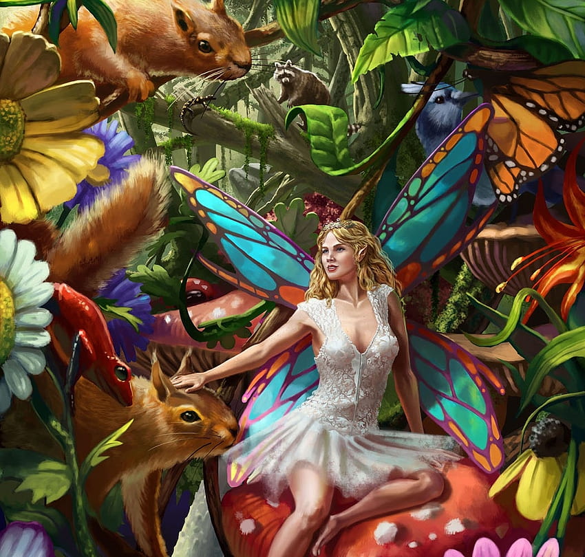 Summer fairy, summer, fairy, fantasy, art, girl, veverita, squirrel, vara, frumusete HD wallpaper