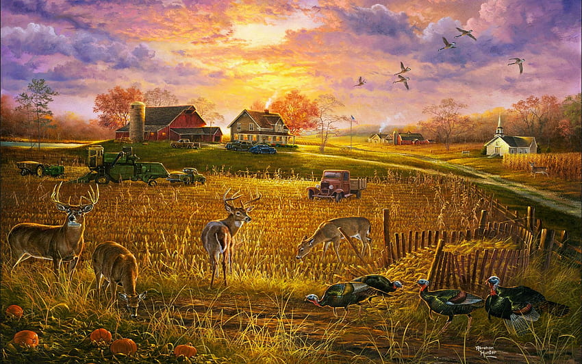 Time to be Grateful, sky, sunset, birds, barn, house, church, artwork, painting, deer, fields, clouds, harvester, truck HD wallpaper