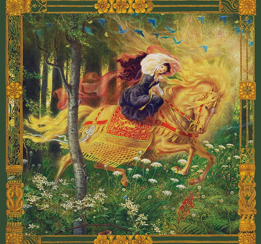 Phoenix, horse, art, fantasy, running, green, yellow, cal HD wallpaper