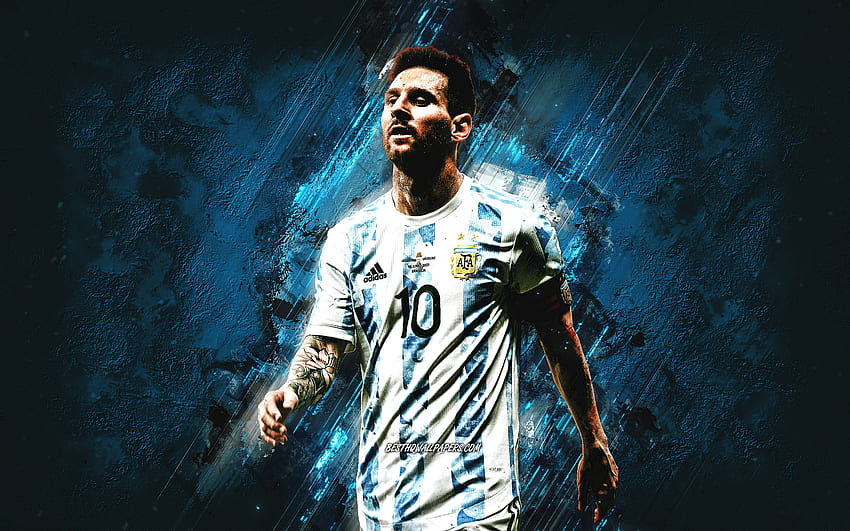 ライオネル・メッシ、ポートレート、アルゼンチン代表サッカーチーム、メッシの芸術、青い石の背景、サッカー、レオ・メッシ、アルゼンチン 高画質の壁紙