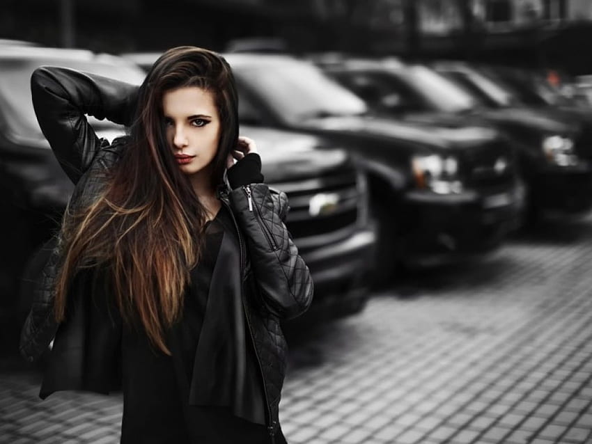 linda chica, negro, estacionamiento, coche, chaqueta, niña fondo de pantalla