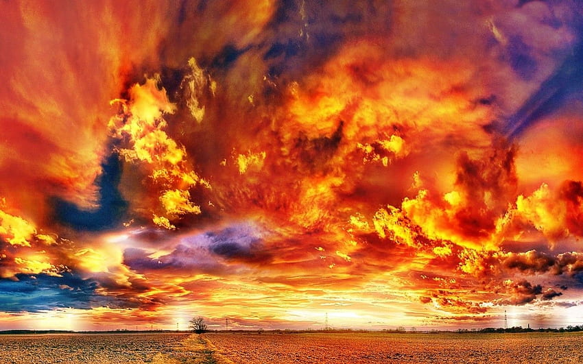 Niebo: Ogniste Chmury Pomarańczowe Niebo Z Ptakami Lecącymi przez 16:9, Niebiański Ogień Tapeta HD