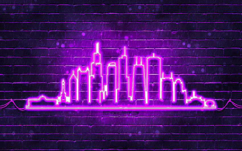 Chicago violet neon silhouette, , violet neon lights, Chicago skyline silhouette, violet brickwall, american cities, neon skyline silhouettes, USA, Chicago silhouette, Chicago HD wallpaper