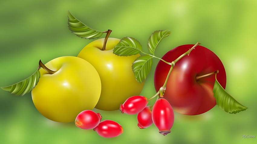 リンゴとベリー、リンゴ、緑、健康、ベリー、おいしい、果物、新鮮 高画質の壁紙