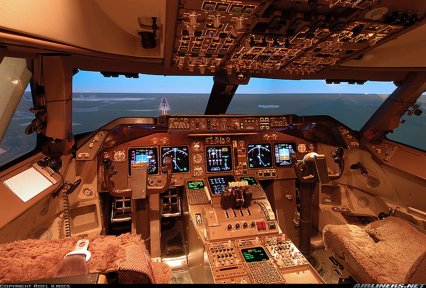 Boeing 747 400 (simulatore) KLM Royal Dutch Airlines. Aviazione, cabina di pilotaggio Boeing 747 Sfondo HD