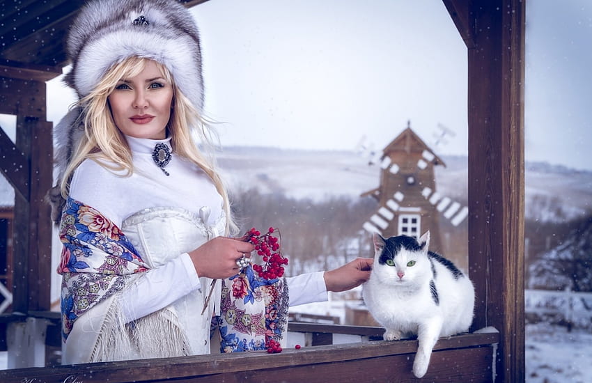 Две красавици, зима, бяло, етно, калина, руса, момиче, котка, жена, режим, шапка HD тапет