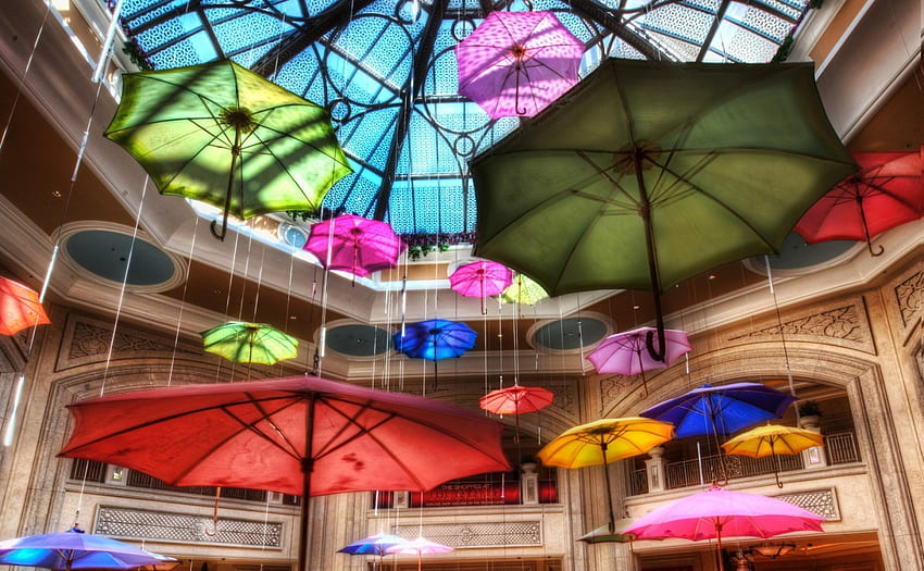 vegas r'deki palazzo'daki dükkanlarda şemsiyeler, şemsiyeler, asılı, renkler, tavan, r, alışveriş merkezi HD duvar kağıdı