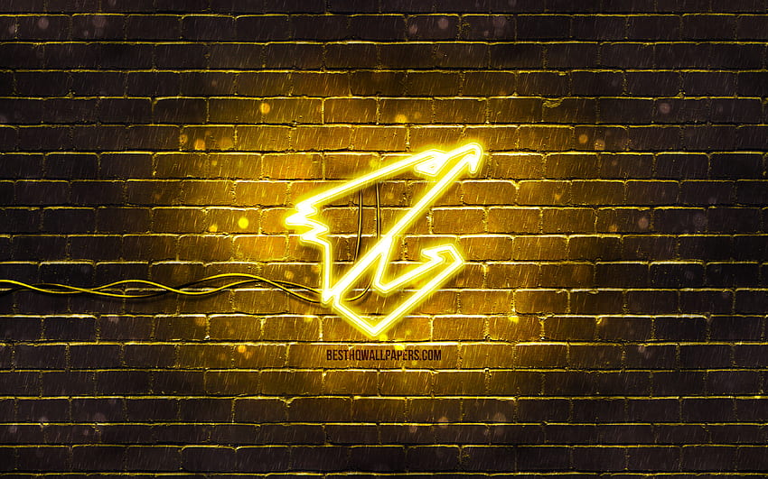 Logo kuning Aorus,, brickwall kuning, logo Aorus, merek, Aorus Gigabyte, logo Aorus neon, Aorus Wallpaper HD