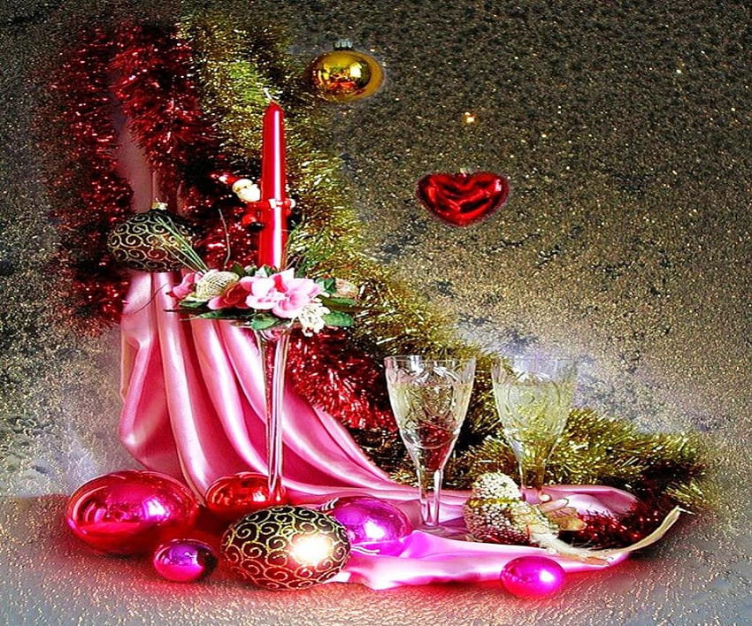 Весела Коледа!, зима, весела коледа, графика, орнаменти, топки, аранжировка, красота, натюрморт, розово, абстрактно, свещ, чаши, цветя, свещи HD тапет