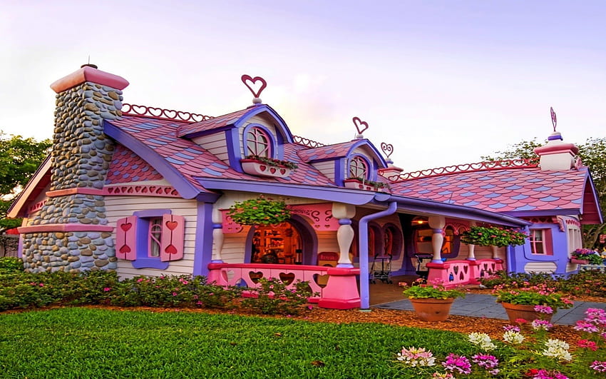 House, pink, flowers HD wallpaper