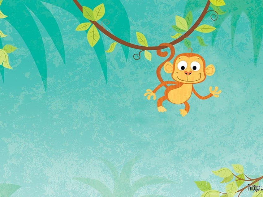 나무 배경에 매달려 재미있는 만화 원숭이 HD 월페이퍼