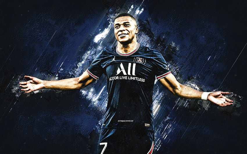 Kylian Mbappe, PSG, dark blue stone background, Paris Saint Germain ...