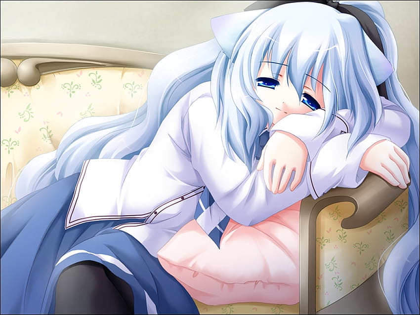 Sleepy Catgirl, azul, anime, orelhas de animais, cabelos longos papel de parede HD