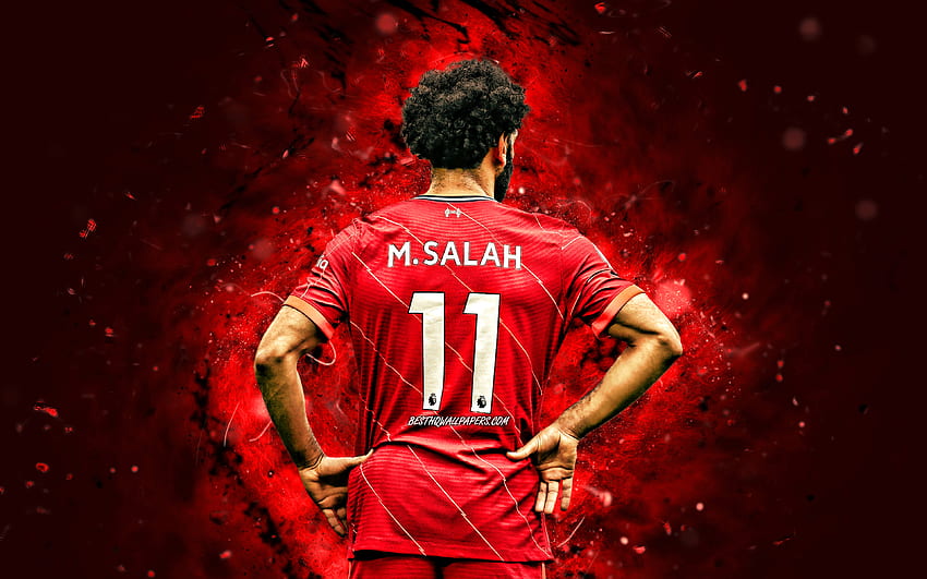 Mohamed Salah, back view, Liverpool FC, , red neon lights, egyptian footballers, soccer, Premier League, football, Mohamed Salah , Mo Salah, Mohamed Salah Liverpool HD wallpaper