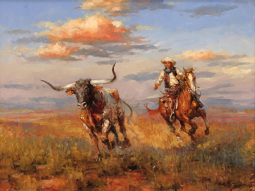 horse Cowboy Men Andy Thomas, Bringing Back the Stray, Cowboy Painting HD wallpaper