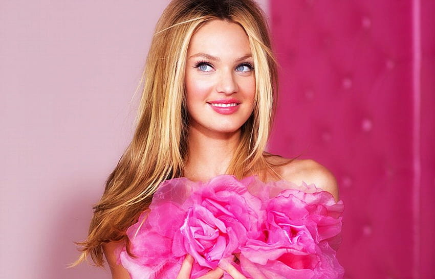 Candice Swanepoel, model, blue eyes, blonde, smile, girl, beauty, woman, rose, pink, flower HD wallpaper