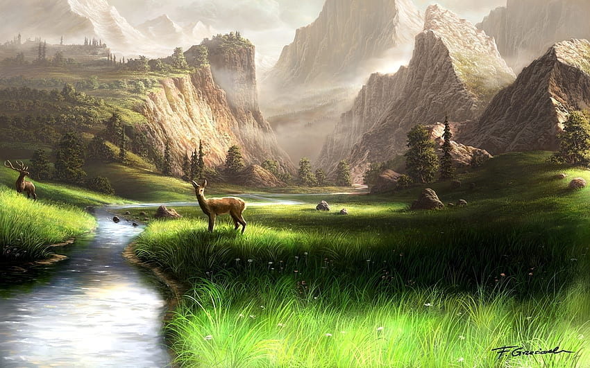Animales, paisaje, ríos, montañas, venados fondo de pantalla