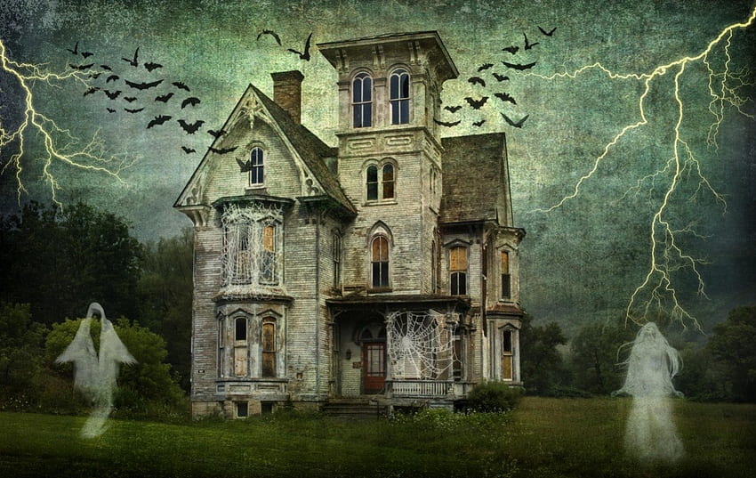 A Haunting, ghosts, scary, haunted, cobwebs, lightening, house, horror HD wallpaper