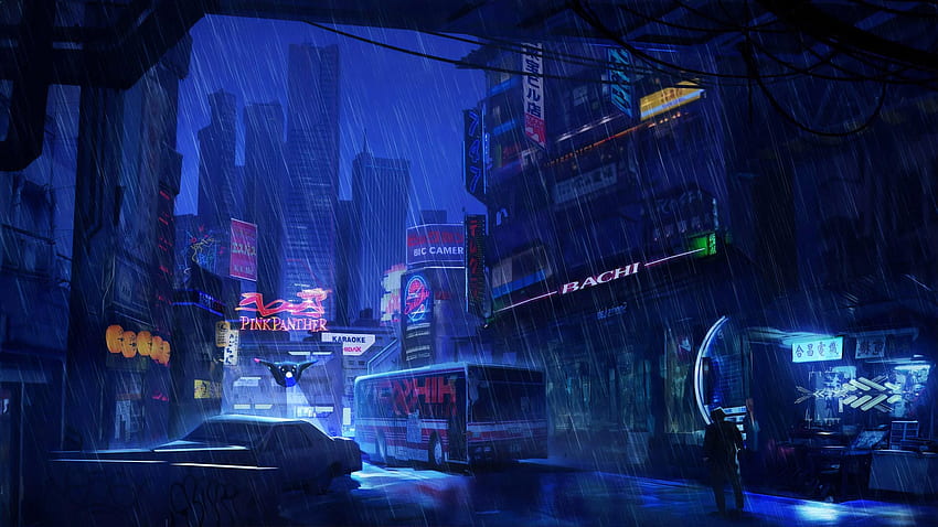 Futuristic City Dark Evening Rain Resolution , , Background, and, Rainy City Street HD wallpaper