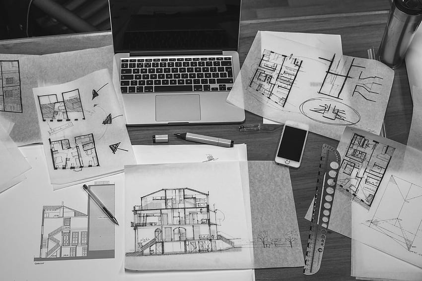 архитектурен дизайн, архитектура, изкуство, черно и бяло, план, бизнес, чертежи, къща, macbook, документи, стая, скица, работа , Архитектурно чертане HD тапет