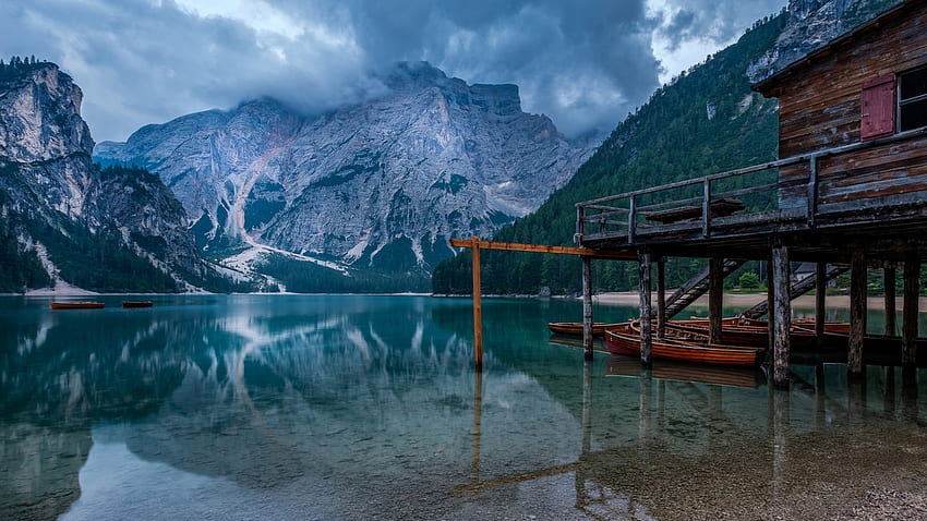 The lake of Braies, South Tyrol, Italy, alps, mountains, boats, clouds, landscape, sky, cabin HD wallpaper