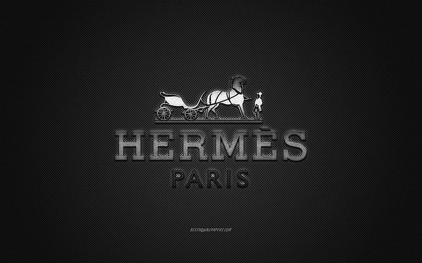Лого на Hermes, метална емблема, марка облекло, черна въглеродна текстура, световни марки облекло, Hermes, модна концепция, емблема на Hermes за с разделителна способност. Високо качество HD тапет