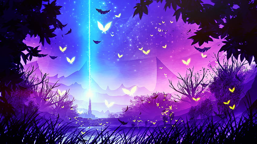 Hutan ajaib, biru, merah muda, kunang-kunang, kupu-kupu, fantasi, luminos, hutan Wallpaper HD