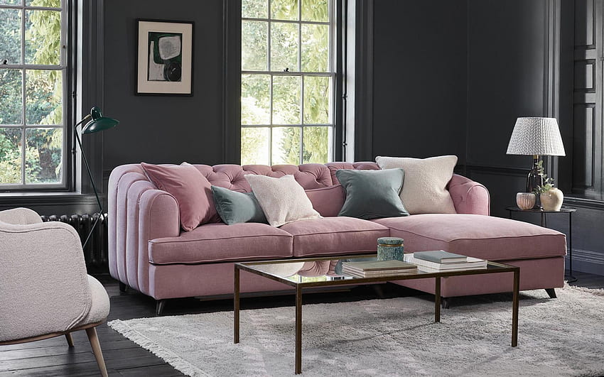 stylish interior design, living room, pink sofa, black walls in the living room, classic interior style, living room idea HD wallpaper