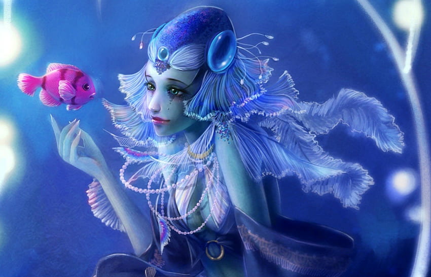 Mermaid, blue, sea, mask, clown, girl, beauty, woman, summer, pink, fantasy, underwater, fish, ocean HD wallpaper