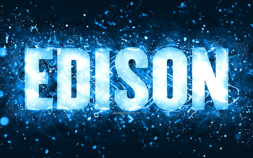 Happy Birtay Edison, , blue neon lights, Edison name, creative, Edison Happy Birtay, Edison Birtay, popular american male names, with Edison name, Edison HD wallpaper
