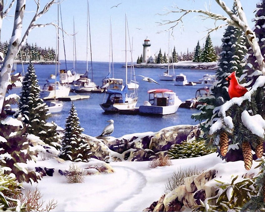 Boże Narodzenie nad morzem, latarnia morska, , śnieg, łodzie, drzewa, port Tapeta HD
