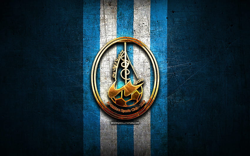 Al-Wakrah FC, golden logo, QSL, blue metal background, football, qatari football club, Al-Wakrah logo, soccer, Al-Wakrah SC HD wallpaper