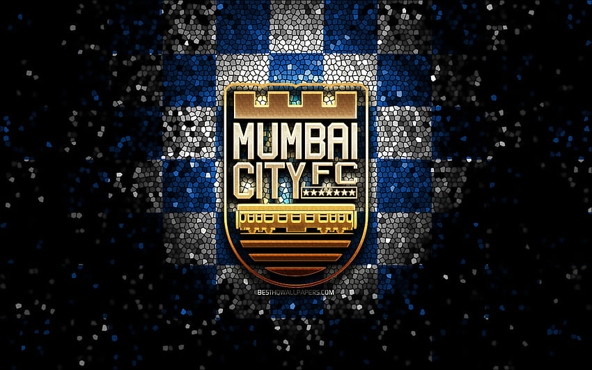 Mumbai City FC, logo gemerlap, ISL, latar belakang kotak-kotak putih biru, sepak bola, klub sepak bola India, logo Mumbai City FC, seni mosaik, sepak bola, FC Kota Mumbai, India Wallpaper HD