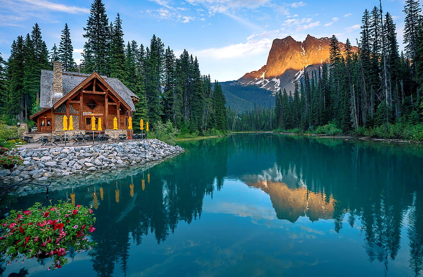 Yoho NP, lake, cabin, mirror, tranquility, Yoho, beautiful, serenity, mountain, summer, emerald, national park, reflection, peak HD wallpaper