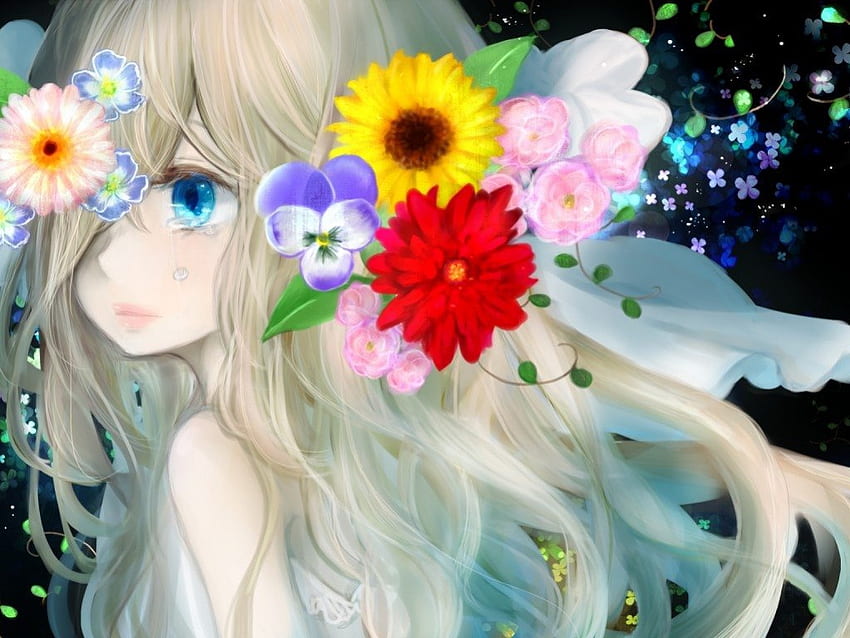 Anime, sztuka, łzy, oczy, dziewczyna, smutek, twarz, kwiaty, włosy Tapeta HD