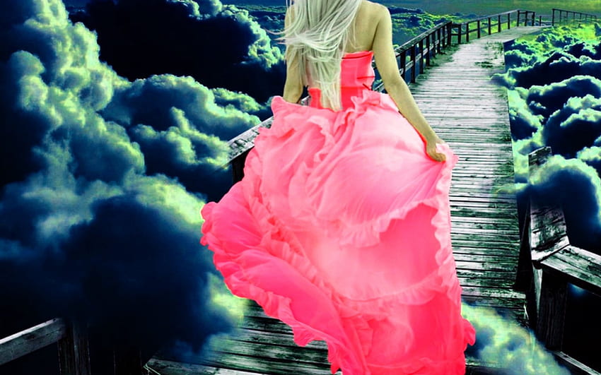 WALKING on the CLOUDS, pinkmblonde, clouds, bridge, girl, walk HD wallpaper