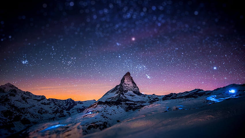 ดวงดาว กลางคืน อวกาศ ฤดูหนาว หิมะ แสงไฟ Matterhorn Tilt Shift ภูเขาอวกาศ วอลล์เปเปอร์ HD