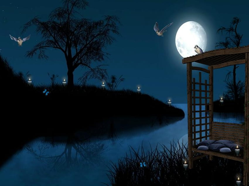Night Moon, blue, candles, moon, water HD wallpaper