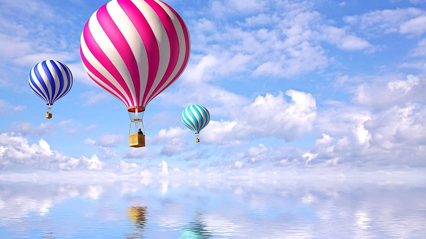 Magical Air Balloons, blue, purple, pink, air balloons, reflection, magical, cloud HD wallpaper