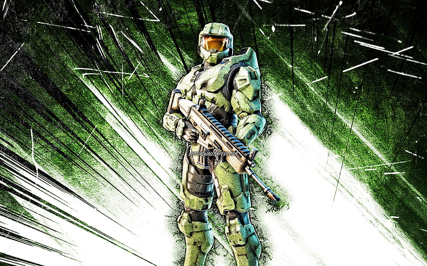 Master Chief, grunge art, Fortnite Battle Royale, Fortnite characters, green abstract rays, Master Chief Skin, Fortnite, Master Chief Fortnite HD wallpaper