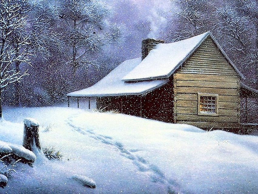 glisten, winter, quiet, porch, snow, stump, overcast, cabin HD wallpaper
