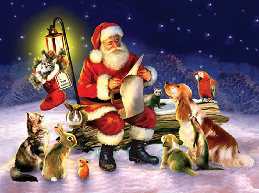 Oleh Howard Robinson, anjing, anak kucing, hewan, seni, lampu, howard robinson, kucing, kelinci, anak anjing, liburan, lukisan, salju, natal, santa, burung beo Wallpaper HD
