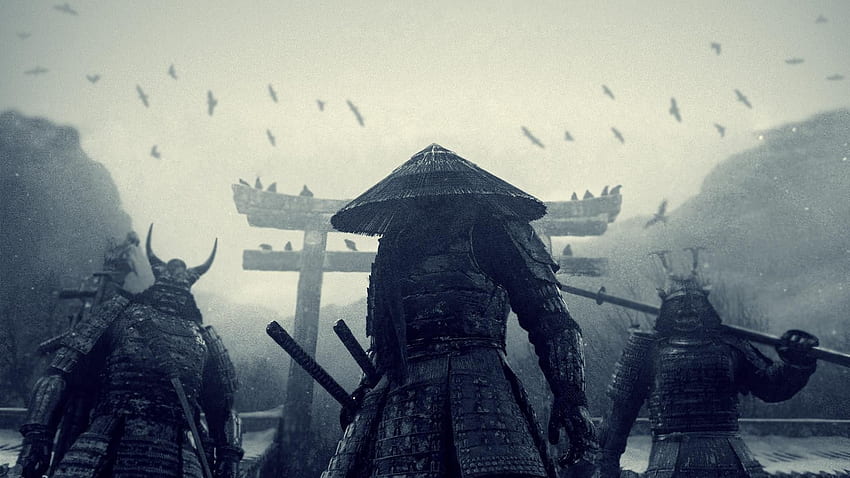cuervo, espada, oscuro, guerrero, katana, samurái, Sucker Punch, obra de arte, templo. Mocah, Samurái y Cuervo fondo de pantalla