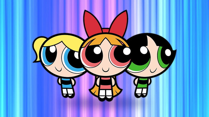Die Powerpuff Girls Blossom, Bubbles und Buttercup fliegen hoch im bunten Hintergrund Anime, niedlicher bunter Anime HD-Hintergrundbild