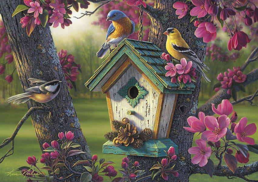 Musim semi, pink, burung, seni, bunga, rumah, kim norlien, pasari Wallpaper HD