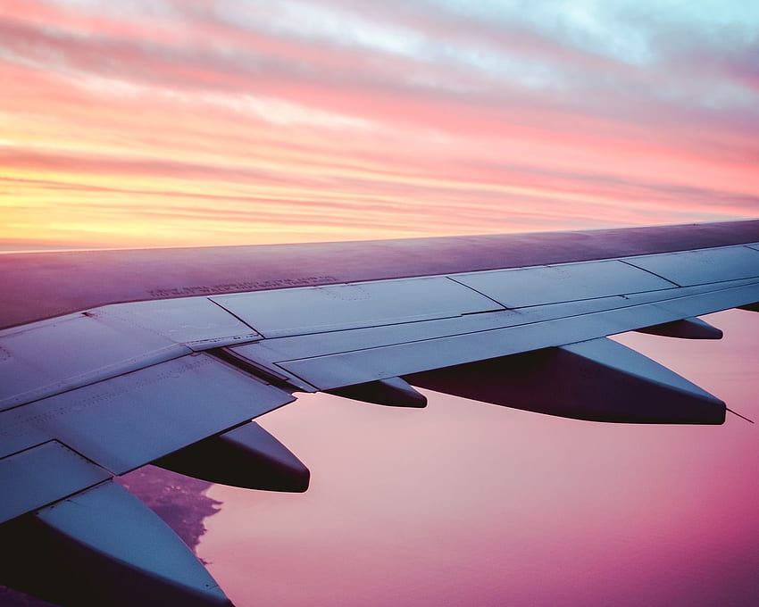 airplane, wing, view, sky, dusk standard 5:4 background, Pink Airplane HD wallpaper