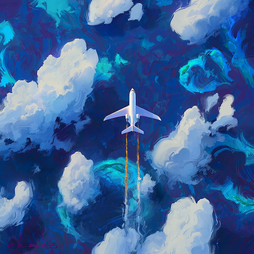 arte, cielo, nubes, vuelo, avión, avión fondo de pantalla del teléfono