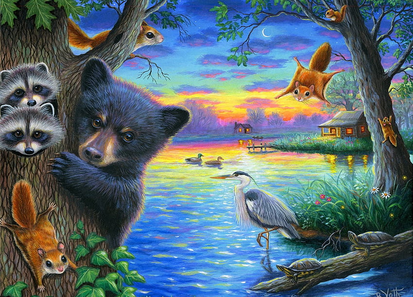 Flying Squirrel Summer, bear, raccoons, heron, house, trees, lake, squirrel, birds, artwork, painting HD wallpaper
